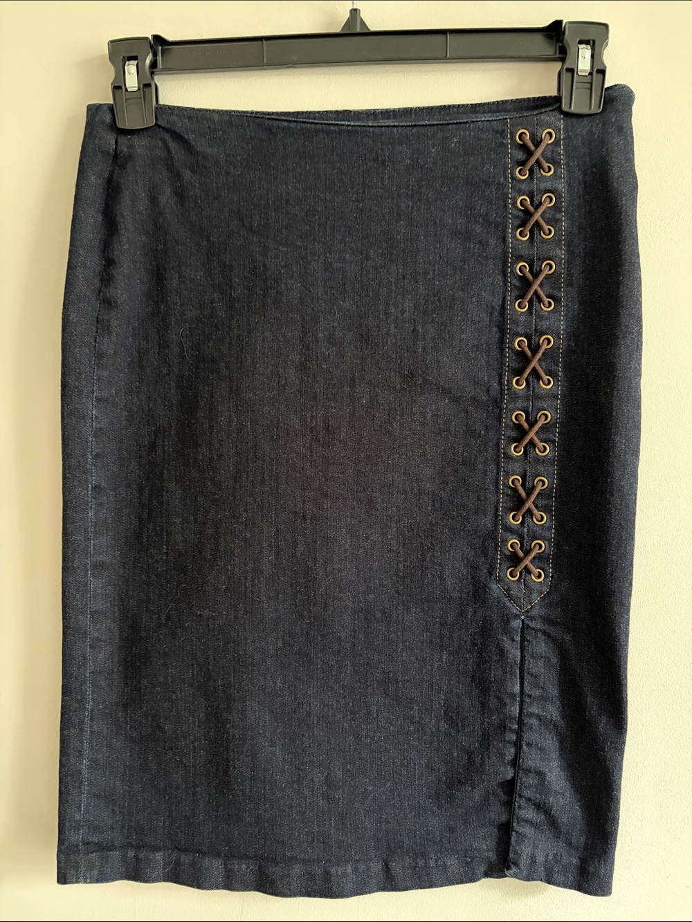 Ralph Lauren Dark Blue Denim Pencil Skirt with Gold Grommet Lace-Up